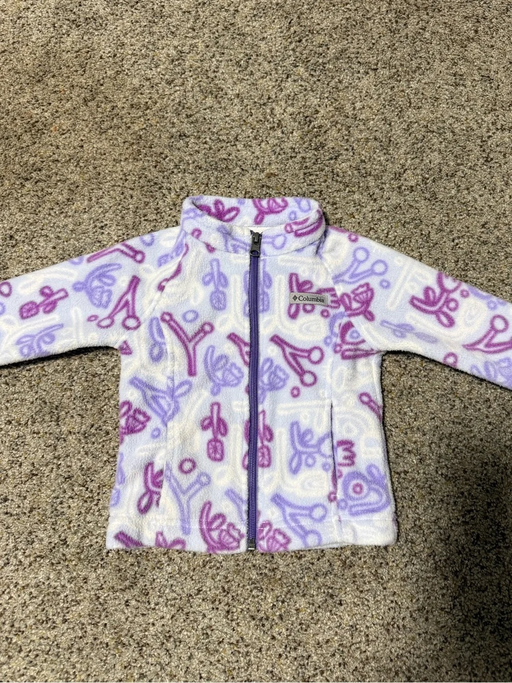 Columbia Girls' White Fleece Jacket with Purple/Pink Print 12-18 month